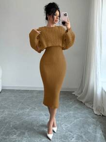 Calvaya 2pcs Set: Twist Floral Pullover Sweater + Dress, Women Sexy & Slim Crew Neck Sweater Dress