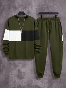 Manfinity Dauomo Bộ quần áo dài tay cổ tròn chắp vá màu trơn dành cho nam, phong cách tối giản - Nhiều màu - Xem 1