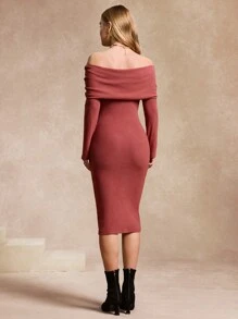 SHEIN Unity Gaun Rajut Slim Fit Wanita dengan Bahu Terbuka - Rusty Rose - View 2