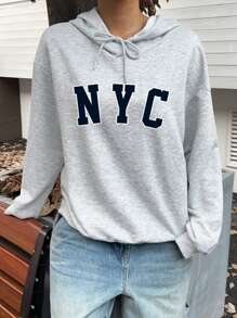 SHEIN EZwear Áo hoodie rộng rãi in họa tiết NYC đơn giản giản dị dành cho nữ - Màu Xám nhạt - Xem 6