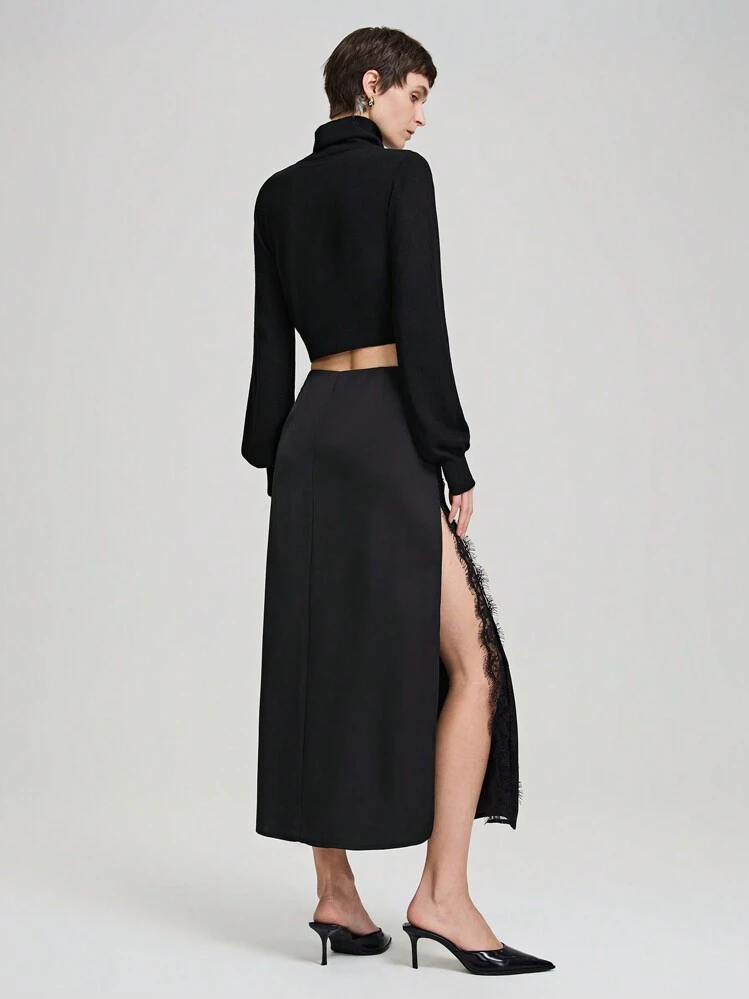 Ontre Urban Style Lace Patchwork Split Hem Black Midi A-Line Skirt
