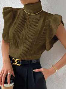 Chiquease Women's Classic Solid Color Mock Neck Short Cap Sleeve Casual Sweater Vest, Autumn/Winter - Army Green - View 7