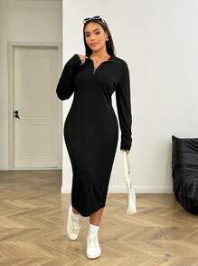 SHEIN EZwear Plus Size Women Black Solid Color Zip Up Simple Fashion Casual Everyday Dress