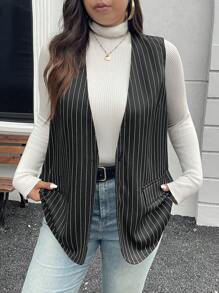 SHEIN Essnce 女士大码黑白条纹背心西装外套 - 黑與白 - 查看 4