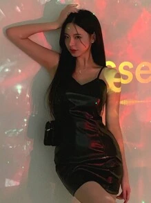 DAZY Vestido mini de tirantes de unicolor de moda para mujer, vestido de fiesta, vestido de club, vestido de graduación, vestido sexy, Año Nuevo, Carnaval - Negro - Ver 3