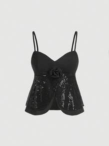 SHEIN MOD 正面 3D 花朵亮片贴片工作派对黑色吊带背心、性感上衣、新年上衣、节日、短款上衣 - 黑色 - 查看 1