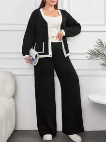 RueChic Plus Size Women Contrast Color Long Sleeve Single-Breasted Cardigan & Wide Leg Knit Pants Casual Set For Autumn/Winter - Black and White - View 5