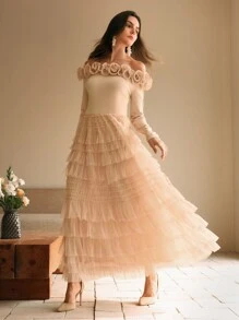 Anewsta Off-Shoulder Long Sleeve Floral Elastic Waist Splicing Mesh Flared Dress For Women Maxi Women Outfit - Pink - View 8