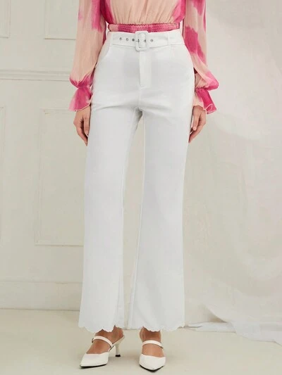 Women's Solid Color Elegant Belt Loop Straight Leg Casual Embroidery Around Feet Pants,Fashionable For Daily Wear,For Christmas Party&Romantic Dinner Dates