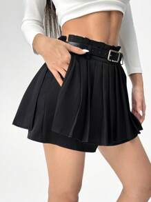 Chiquease Quần Culottes xếp ly màu trơn phong cách tối giản, phù hợp để mặc thường ngày - màu đen - Xem 6