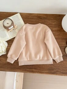 SHEIN LMoss Kids LMoss Young Girl Young Girl Knitted Solid Color Round Neck Patchwork Plaid Bow Decor Loose Casual Sweatshirt