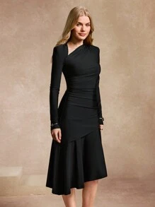 Chiquease Vestido largo elegante y ajustado de mujer con diseño asimétrico - Negro - Ver 3