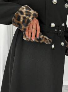 Celure Plus Size Vrouwen Luipaard Print Patchwork Parel Gesp Taille Riem Elegante Herfst/Winter Jas