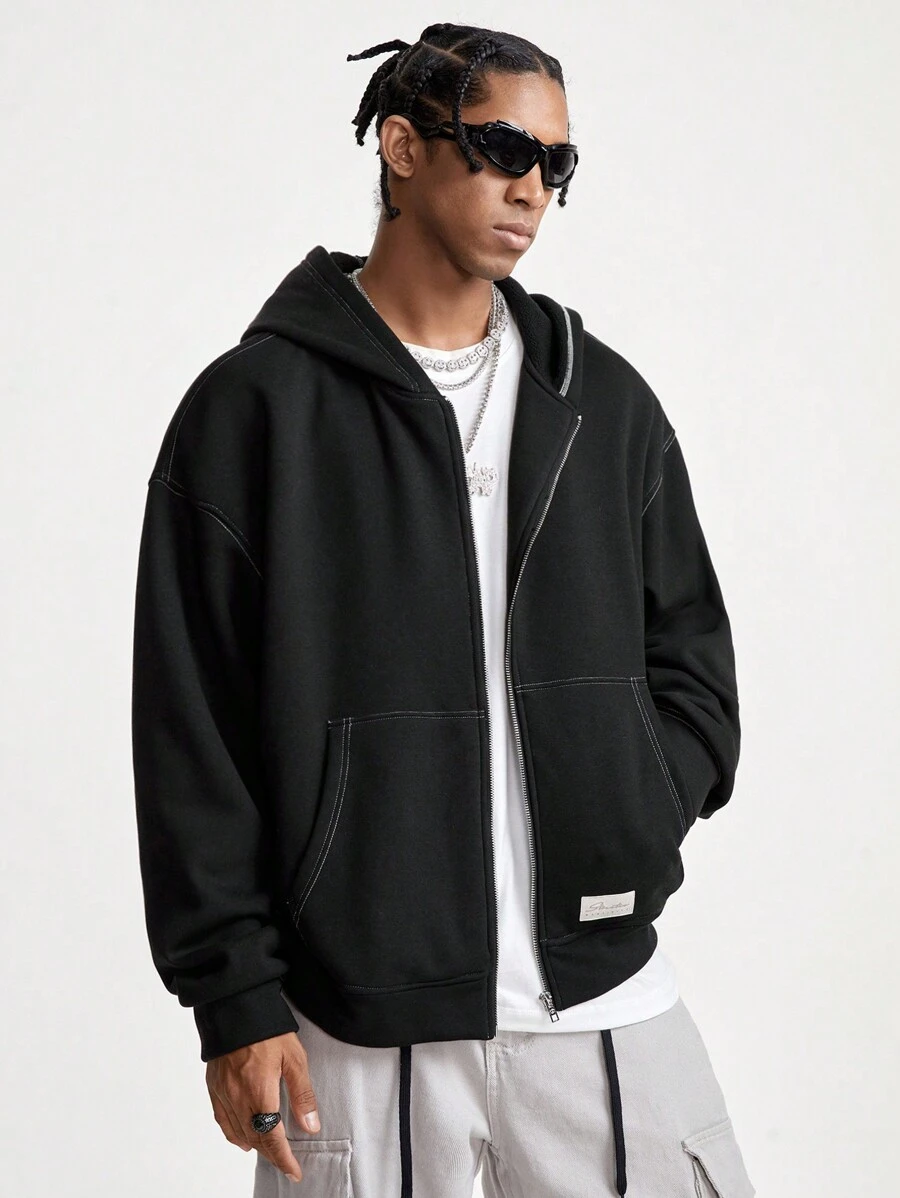 Manfinity VCAY Men's Loose Fit Crew Neck Long Sleeve Knit Sweatshirt, For Fall Winter - Black - View 1