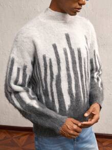AKNOTIC Business Casual Men's Color Block Crew Neck Loose Knit Sweater, Long Sleeve, For Fall Winter - Grey - View 5