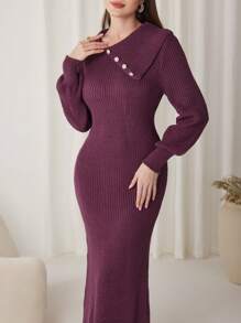 Modelyn Women Casual Collared Lantern Sleeve Dress, Minimalist & Fashionable For Everyday Wear - Red Violet - View 6