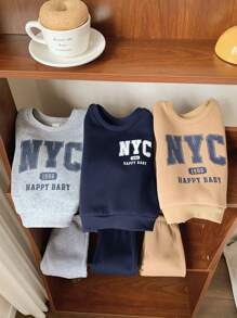 SHEIN Leap Crew 6 件套男婴可爱字母印花长袖连帽衫和松紧腰长裤 6 件套服装，适合秋冬户外、秋季服装 - 藏蓝色 - 查看 8