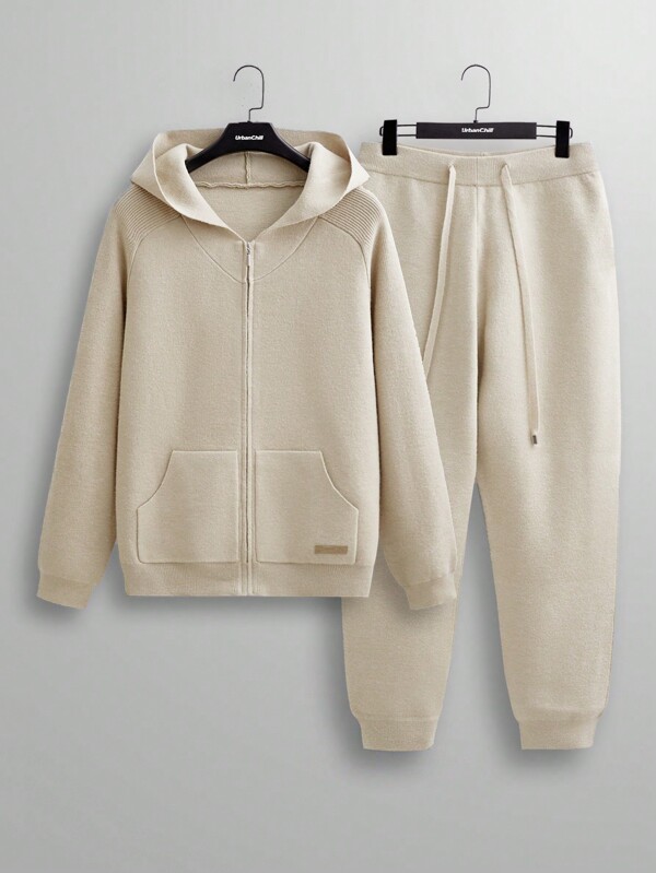 Manfinity VCAY 2pcs Men's Knitted Fashion Casual Loose Long Sleeve Hooded Cardigan And Elastic Waist Pants Set
