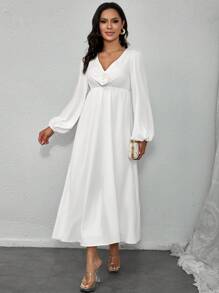 INAWLY Women's Solid V-Neck Twist Flared Sleeve Fish Tail Hem Elegant Dress - White - View 7