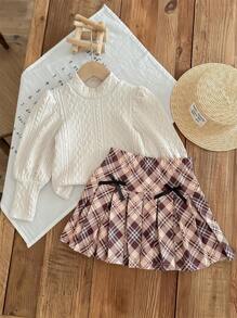 SHEIN LMoss Kids LMoss Young Girl 少女编织格子紧身休闲裙 - 彩色 - 查看 6