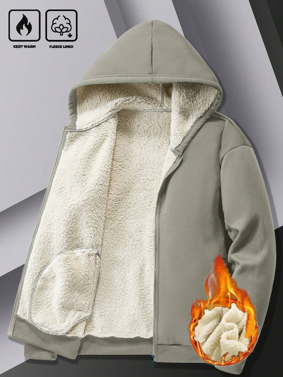 Manfinity Homme Men's Casual Solid Color Thermal Lined Hoodie, Winter - Grey - View 1