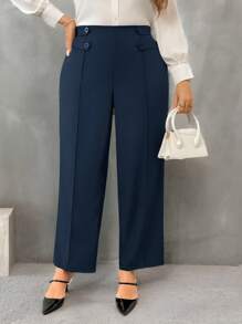 Firerie Pantalones rectos elegantes de pierna en forma de palillo con diseño de botón en la cintura para mujeres de talla grande de un solo color