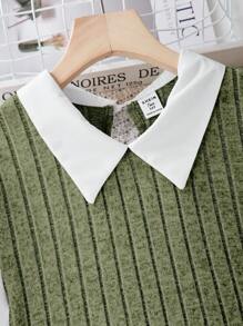 2pcs/Set Teen Girl Ribbed Shirt And Ribbed Elastic Waist Flare Pants Set - Olive Green - View 4