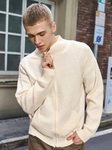 NEOSTRIT Men's Casual Solid Color Stand Collar Cardigan, Autumn & Winter - White - View 3
