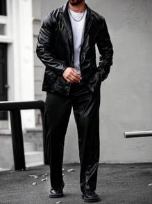 Manfinity Homme PU Leather Zip Pocket Blazer And Pants Suit Set - Black - View 5