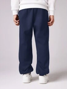 SHEIN Tween Boy Sports Ribbon Embroidery Cuff Knit Jogger Pants - Navy Blue - View 2