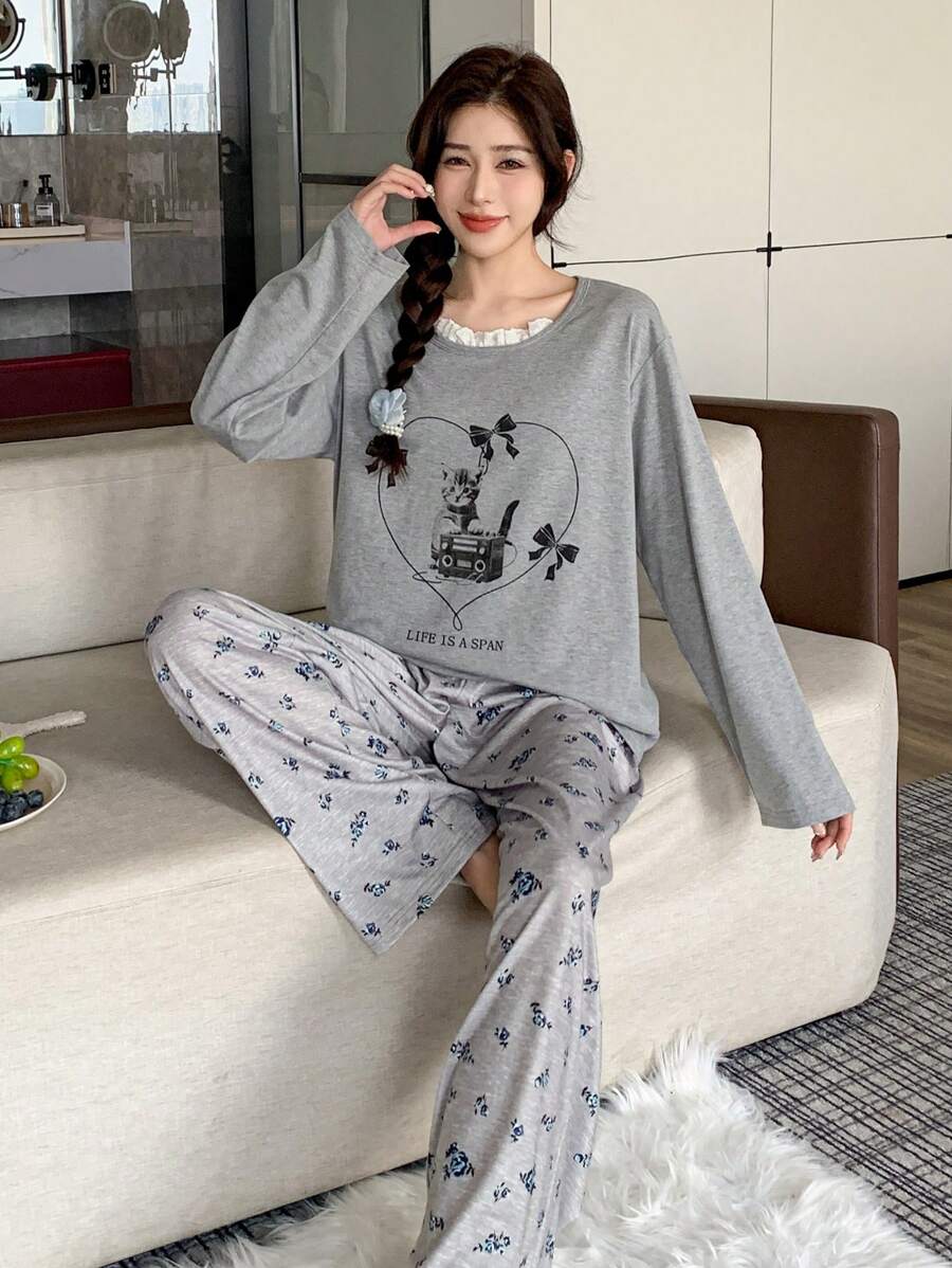DAZY Cute Cat Bow Print Floral Trim Top And Loose Print Pants Set, Pajamas - Grey - View 1