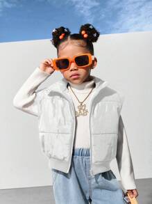 SHEIN Explorewe Young Girls Casual Loose Fit Cropped Padded Vest, Stylish Street Style Minimalist Design