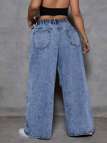 SHEIN ICON Pantalones vaqueros casuales, holgados y versátiles con bolsillos para mujer en tallas grandes