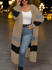 SHEIN LUNE Plus Size Colorblock Striped Print Casual Versatile Long Sleeve Knitted Cardigan, For Winter - Multicolor - View 8