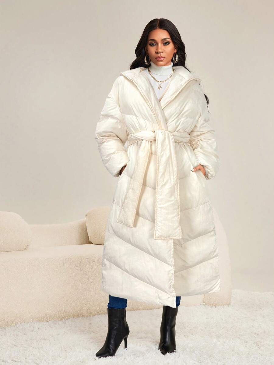 SHEIN Lady 女士纯色长袖休闲宽松口袋加厚外套,冬季 - 米色 - 查看 1