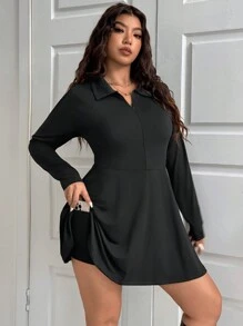 SHEIN EZwear Jumpsuit Kasual Wanita Ukuran Besar Warna Polos Lengan Panjang dengan Kancing Setengah untuk Musim Gugur - Hitam - View 4