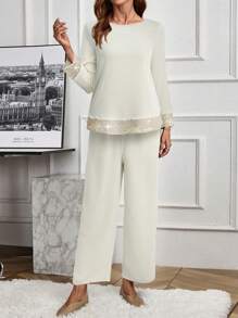 SHEIN LUNE Set de 2 piezas de top y pantalón de unicolor para mujer con diseño de volantes en el bajo - Dorado - Ver 3