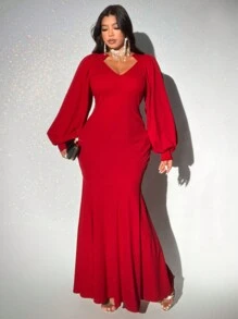Viva Relle Plus Size Fitted V-Neck Mermaid Dress, Solid Color For New Year Clothes Maxi Women Outfit
