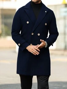 Manfinity Mode Men's Long Double-Breasted Belted Overcoat, Casual - Navy Blue - View 6