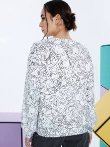 ADVENTURE TIME X SHEIN Sudadera con estampado de patrones de dibujos animados para invierno, cuello redondo, hombros caídos, linda, informal, versátil, Año Nuevo, Navidad