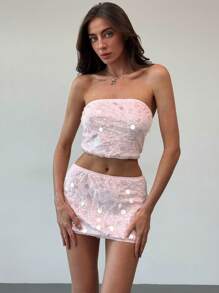 Aloruh Women Sparkle Patchwork Cropped Bandeau Top And Bodycon Mini Skirt 2 Pieces Set, Elegant Fashion