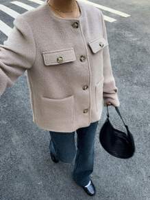 SHEIN Essnce Winter Women's Solid Color Style Blended Short Coat Single-Breasted Large Pocket Long-Sleeved Jacket Suitable For Daily Travel And Commuting