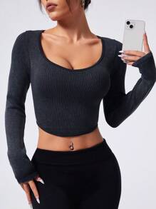 Easithlete Easithlete Casual Solid Color Slim Fit Cropped Long Sleeve Sports T-Shirt - Black - View 1