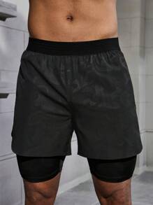 Manfinity Fitness Men's Letter Print Patch Pocket Athletic Shorts For Summer