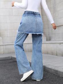SHEIN LUNE Casual Water Washed Distressed Frayed Hem Flared Jeans - Medium Wash - View 2