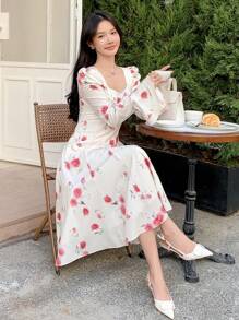 DAZY 印花泡泡袖中长款女式连衣裙，荷叶边，秋季长袖连衣裙 - 杏色 - 查看 9