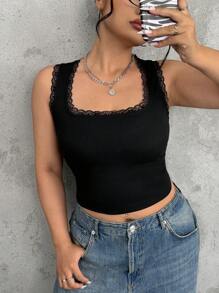 SHEIN EZwear Plus Size Women Lace Patchwork Crew Neck Sleeveless Tank Top, Autumn/Winter