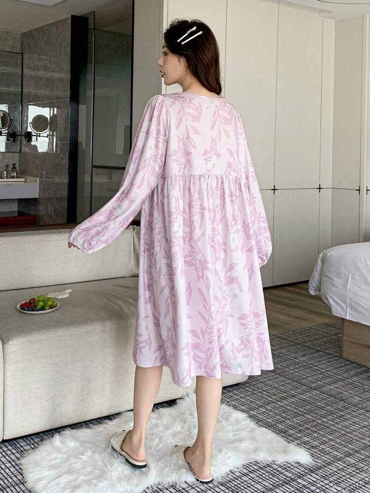 Floral Print Lace Edge Pearl Buttoned Lantern Sleeve Sleepwear Nightgown Fall,Winter Pajama