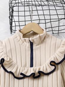 SHEIN Young Girl/Young Girl 2pcs Color Block Ruffle Collar Top + Color Block Pants Set, All-Match, Versatile, Comfortable, Suitable For Everyday Wear, Can Be Paired With Various Outerwear For Autumn/Winter