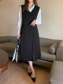 DAZY Vestido elegante de mujer con cuello en V sin mangas y botones, y chaleco, ropa de otoño